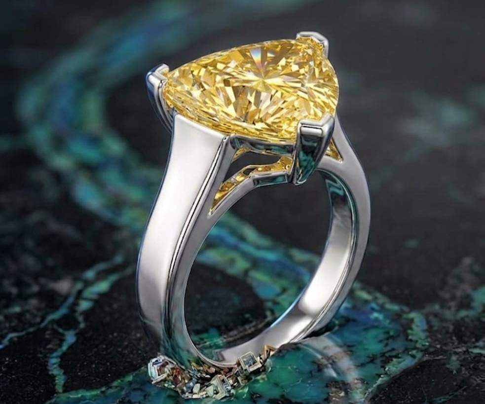RARE 4.30 Ct Certified Trillion Yellow Natural Diamond Ring White Gold Finish