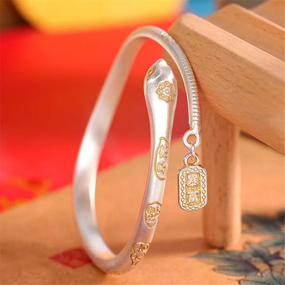 Real S999 Fine Silver Bracelet Enamel 5mm Snake Open Bangle 34-35g Dia:56mm