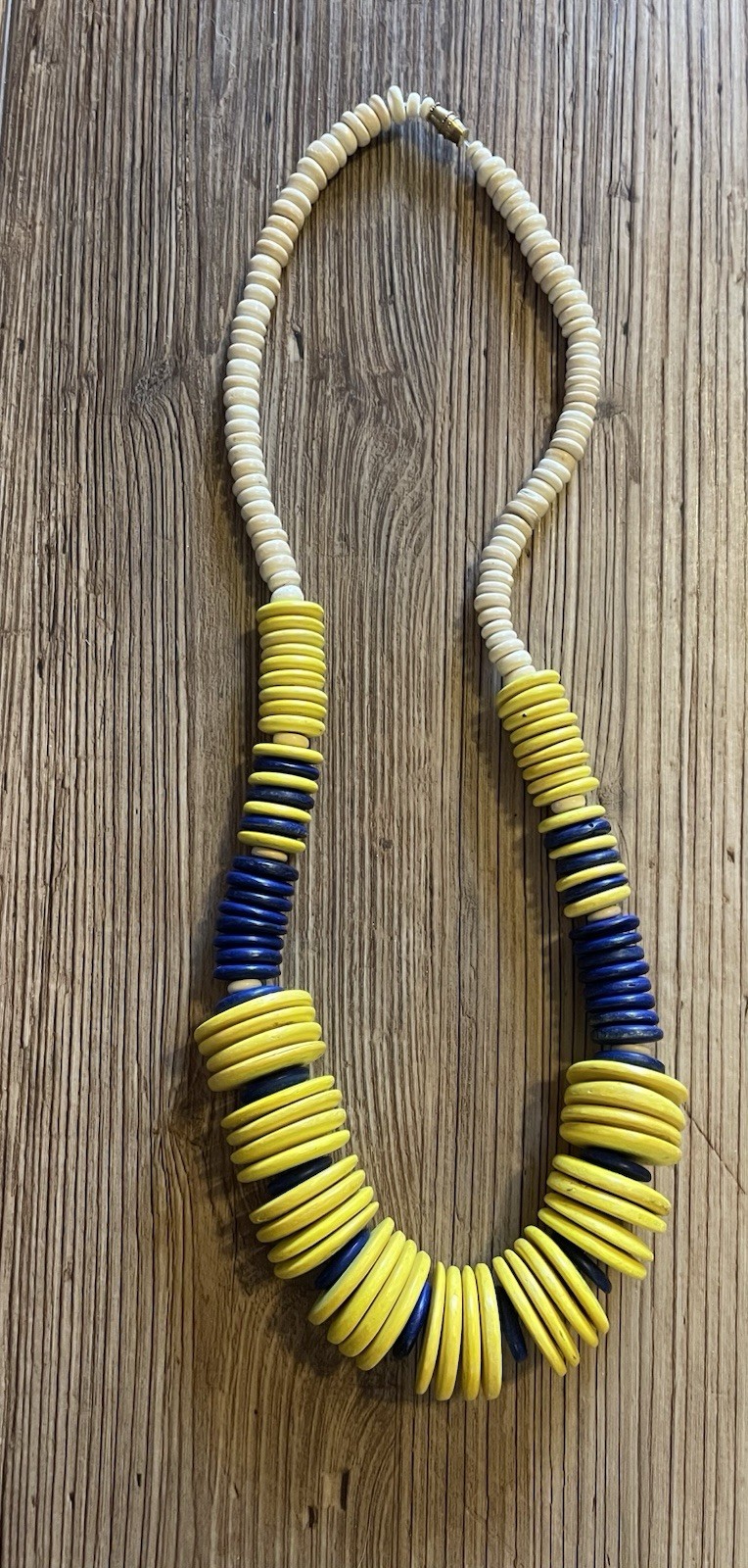Tan Yellow And Blue Wood Disc Beaded Necklace