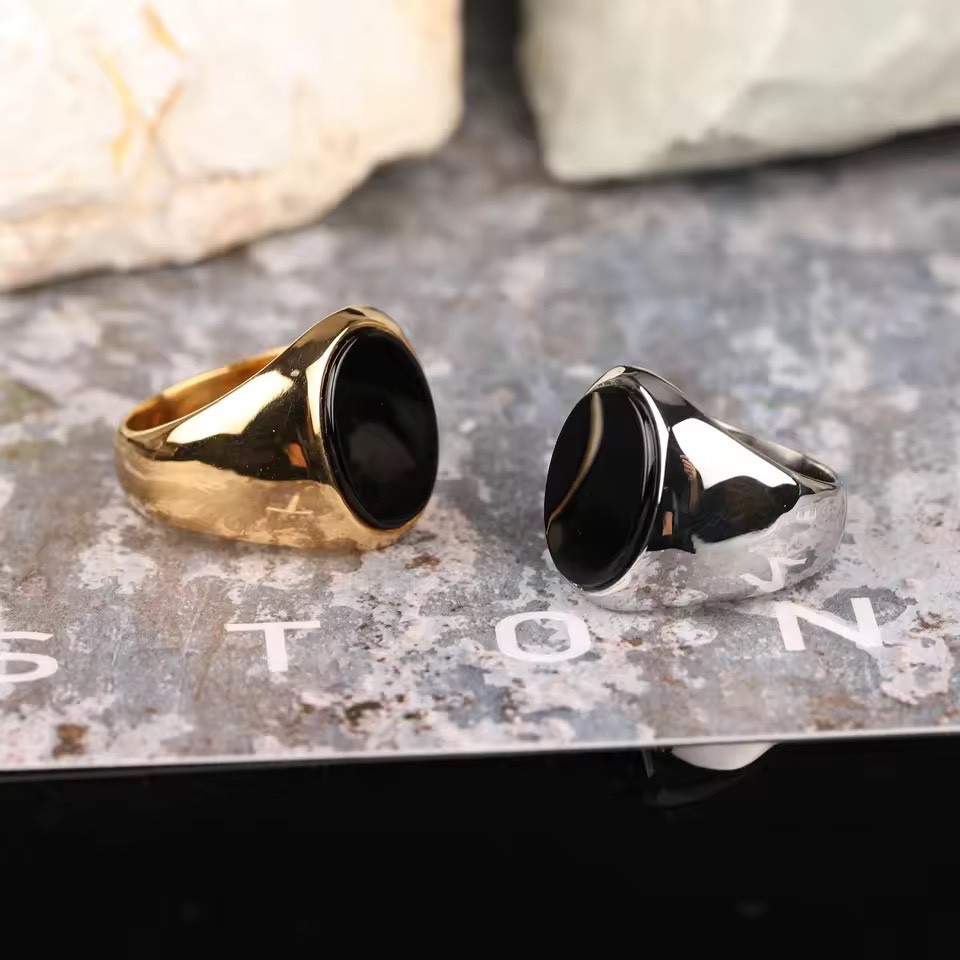Men’s Ring High Quality 316L Stainless Steel Gold Silver Color Black Onyx Oval