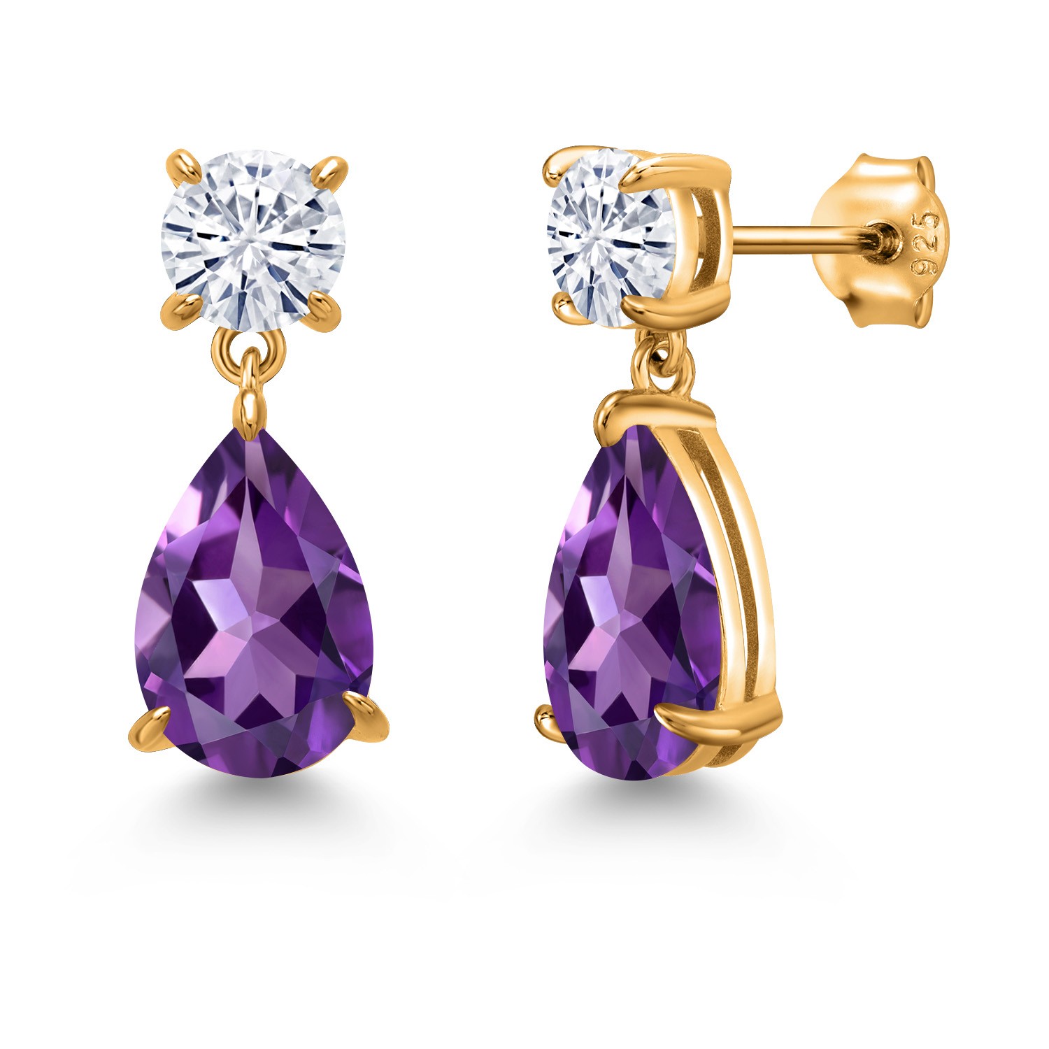 18K Yellow Gold Plated Silver Amethyst and White Moissanite Teardrop Dangle