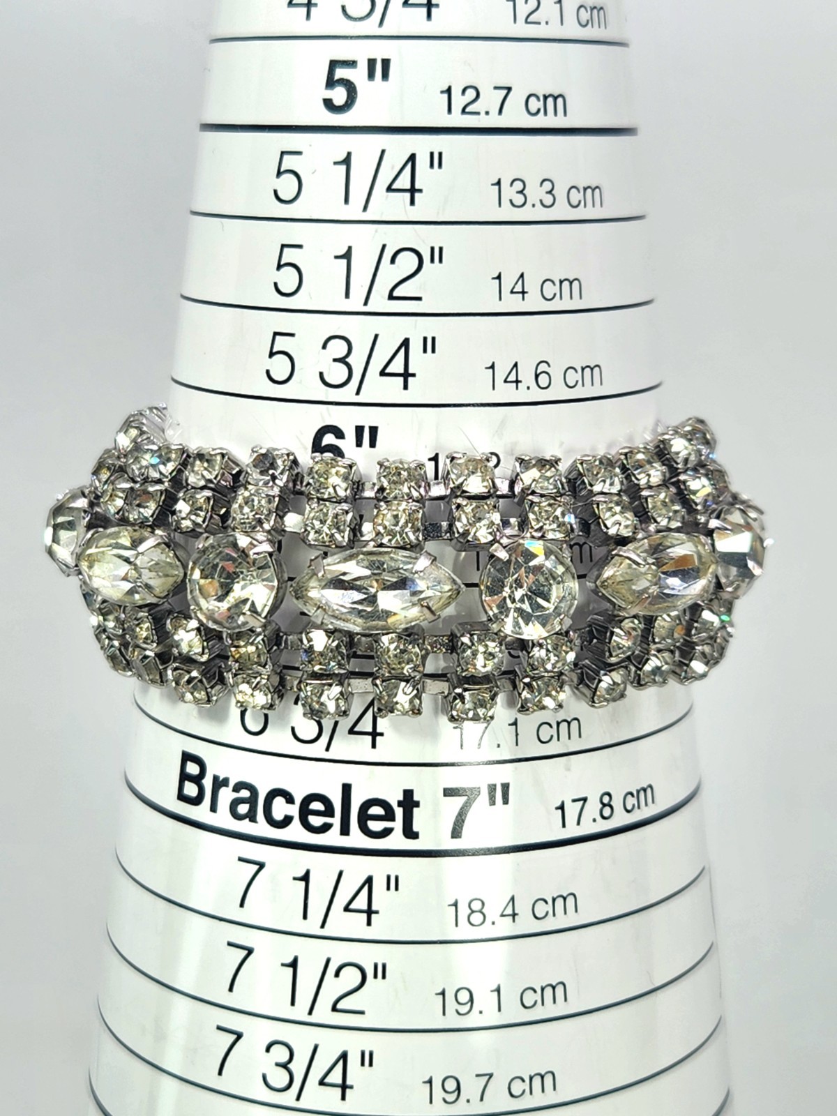 Vintage Rhinestone Bracelet Rhodium Plated White Colorless Sparkle 6 3/4″ Length