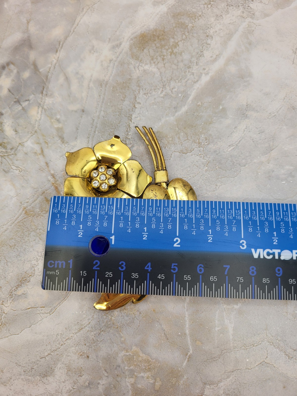 VTG Large Floral Brooch Sterling Silver w/ Gold Tone Finish Blue Glass Stone