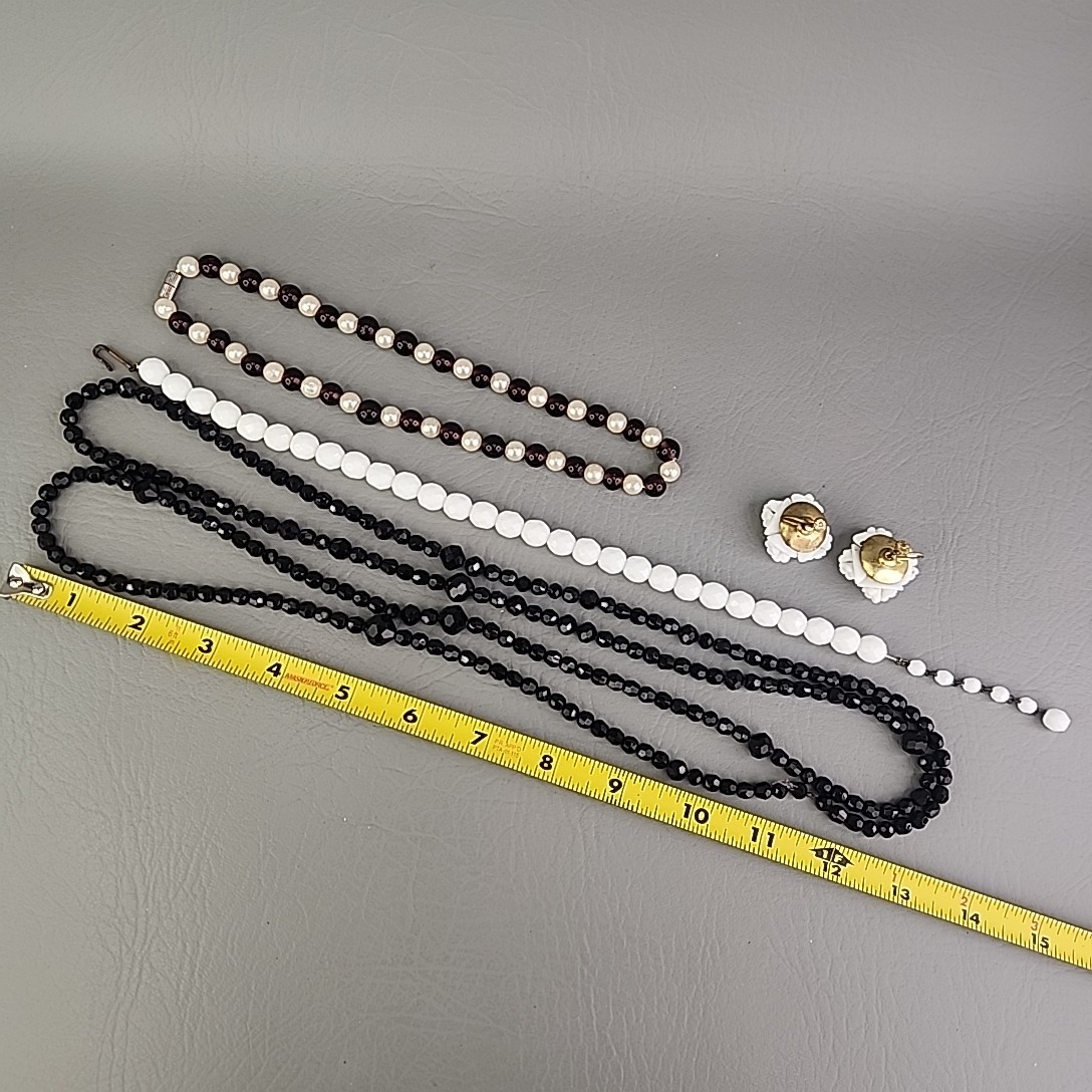 Vintage Beaded Necklace Screw Back Earrings Lot of 4 Glass Black White
