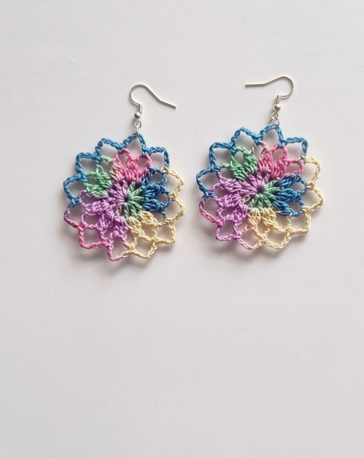 Crochet Earrings, Round , Handmade USA, Brand New, Boho Chic Retro