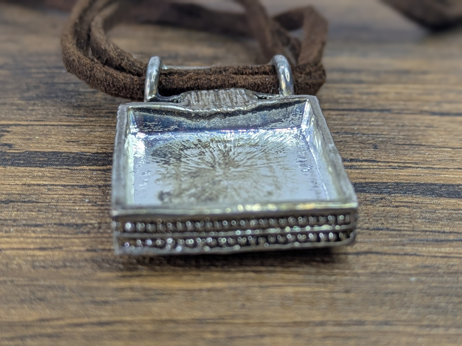 Vintage – 18″ Square Enamel Pendant Necklace, Triple Leather Stranded Chain