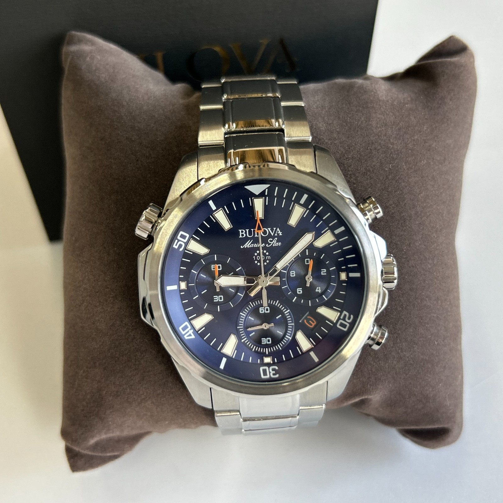 Bulova Men’s Marine Star 96B256 Blue Dial Stainless Chronograph Quartz Watch New