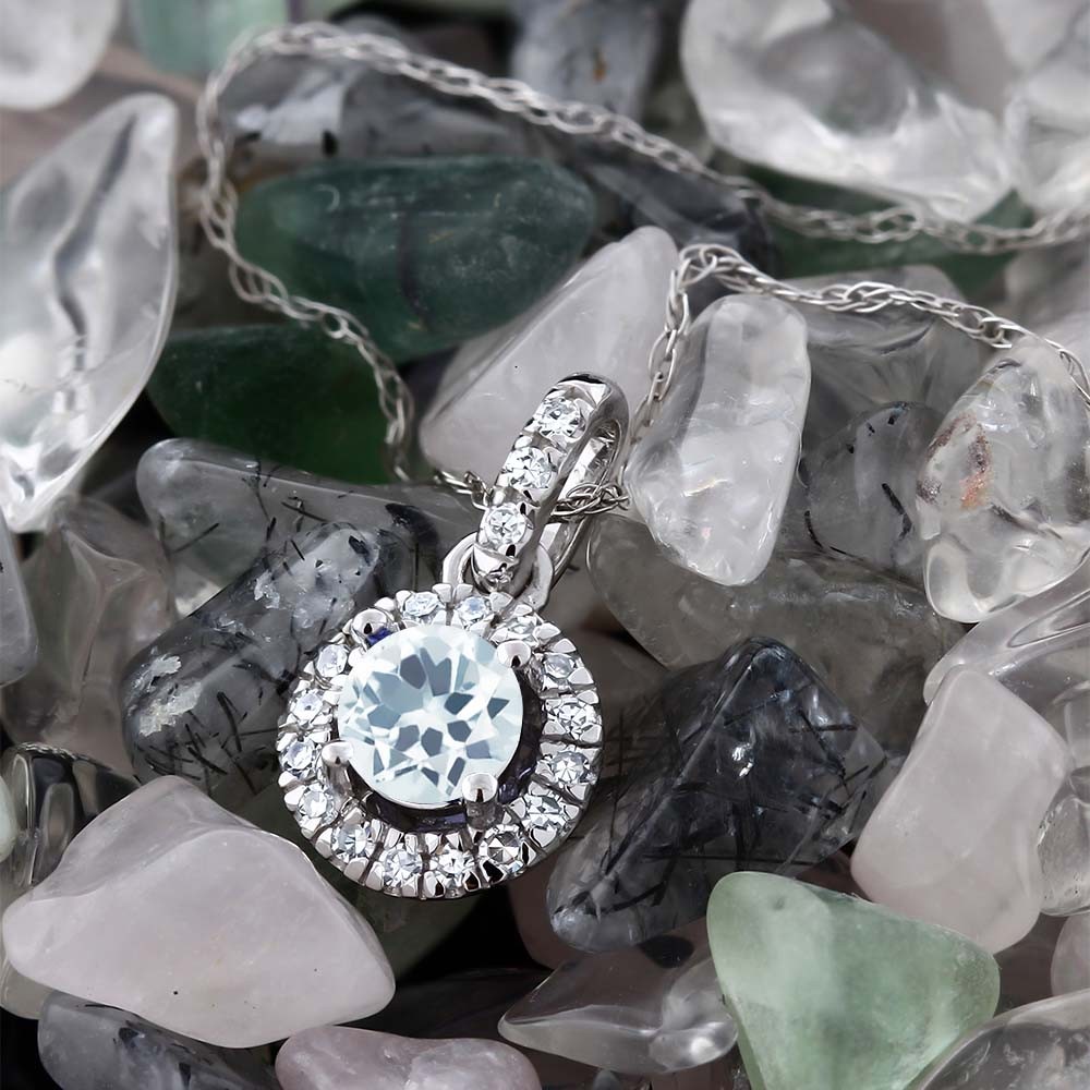 18K White Gold Aquamarine and Diamond Halo Pendant Necklace For Women (0.32