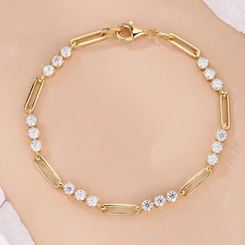 3mm Round Real Moissanite Women Paper Clip Chain Bracelet 925 Sterling Silver