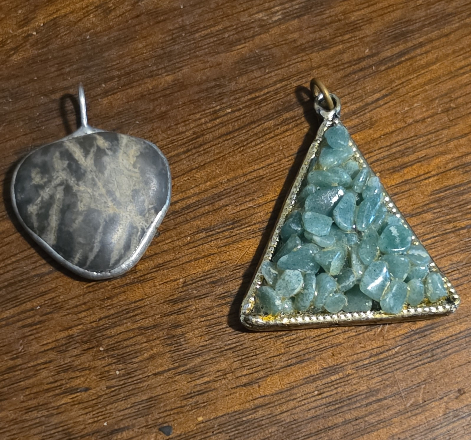 Triangle Charm Pendant, Blue Stone, Mixed Metal Silver/Gold/Blue, Irregular