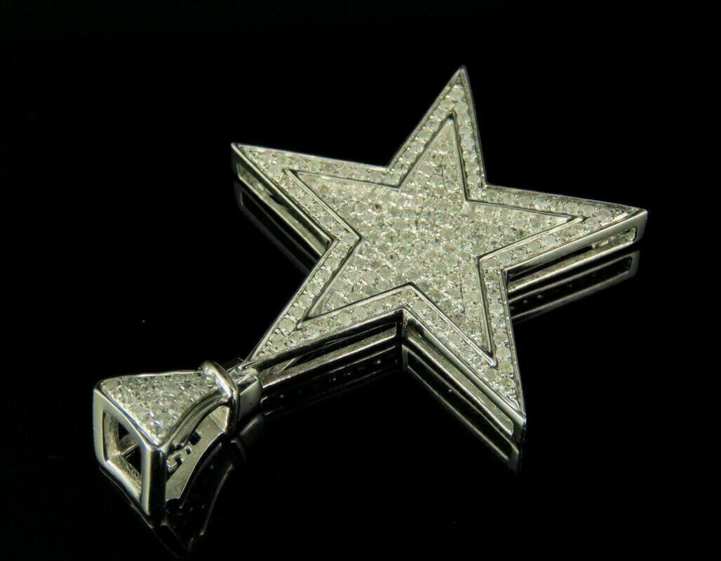 Men’s 14K White Gold Over Diamond Star Pendant Charm 1.35 CT 1.75″