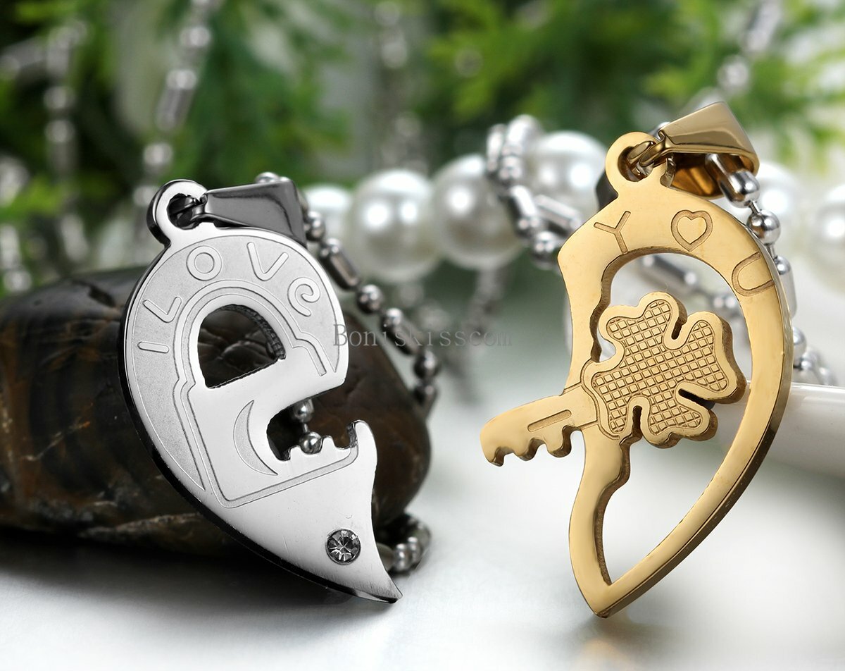 His and Hers Stainless Steel I Love You Heart Lock & Key Couple Pendant Necklace