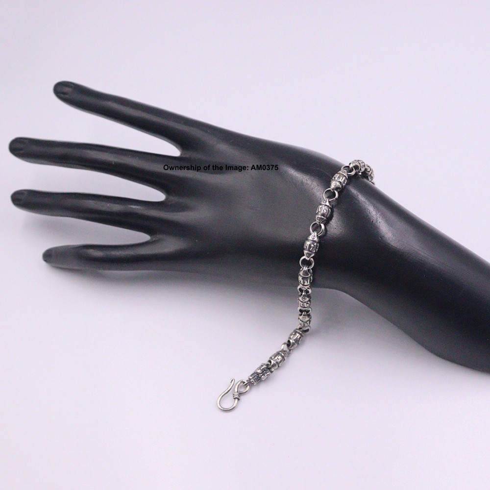 Solid 925 Sterling Silver Bracelet Six-Word Oval Bead Link Men Chain 8.26inch