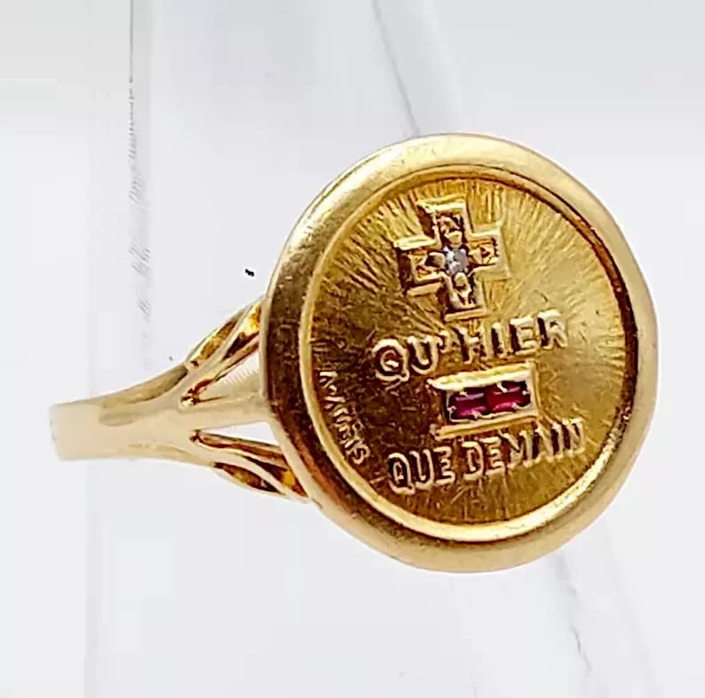 0.20Ct Baguette Lab Created Ruby Love medal AUGIS Ring 14K Yellow Gold Plated