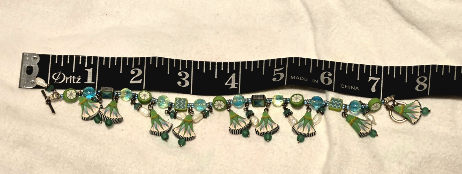 ​Designer Boho Chic Green Millefiori & Pearl Dangle Charm Toggle Bracelet