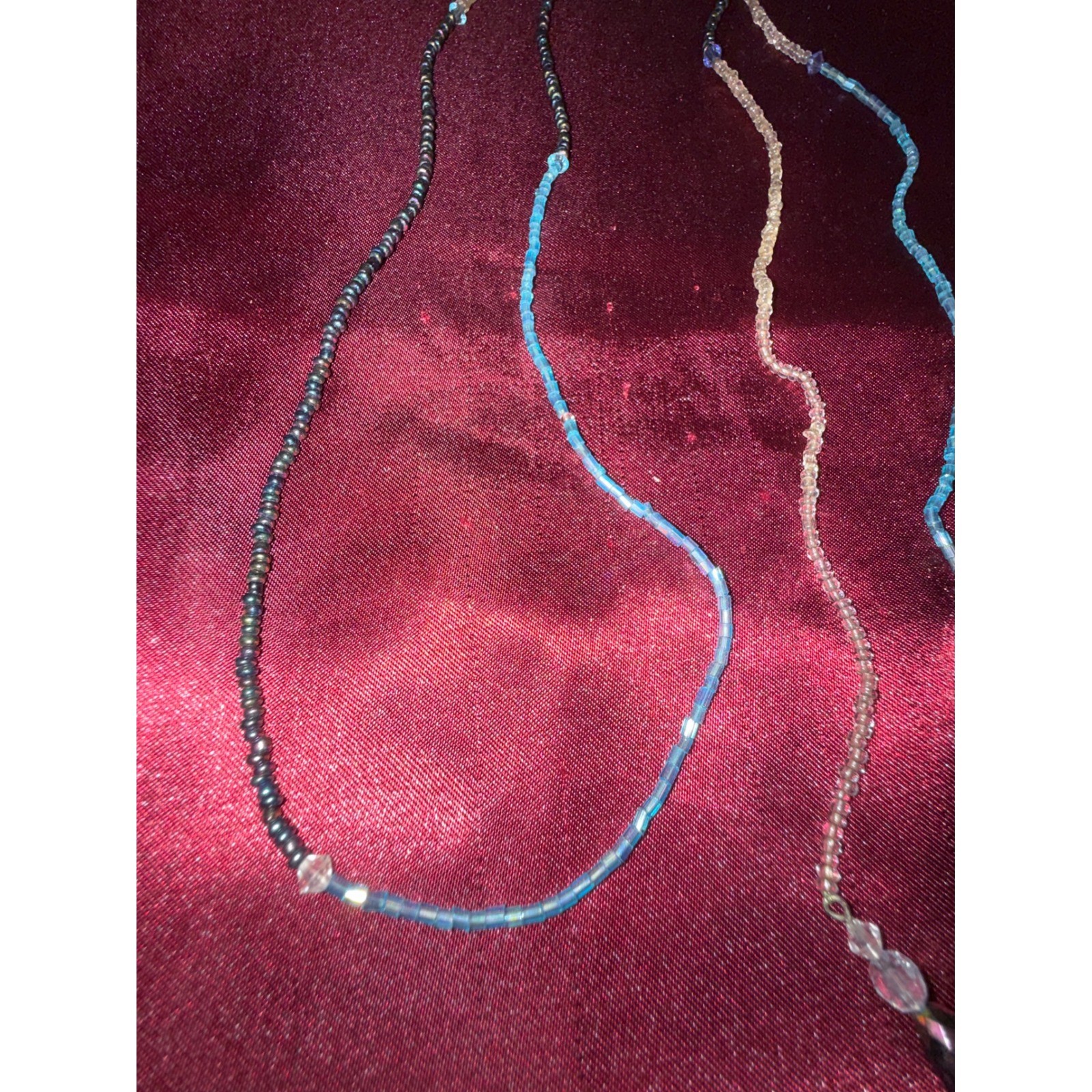 Handmade Beaded Lariat Necklace Blue Black Gold Iridescent Crystal Teardrop Boho
