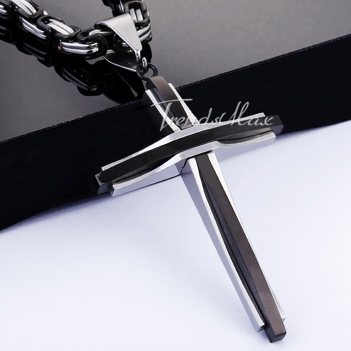 18-30″ Men Boys Black Stainless Steel Cross Pendant Necklace Byzantine Box Chain