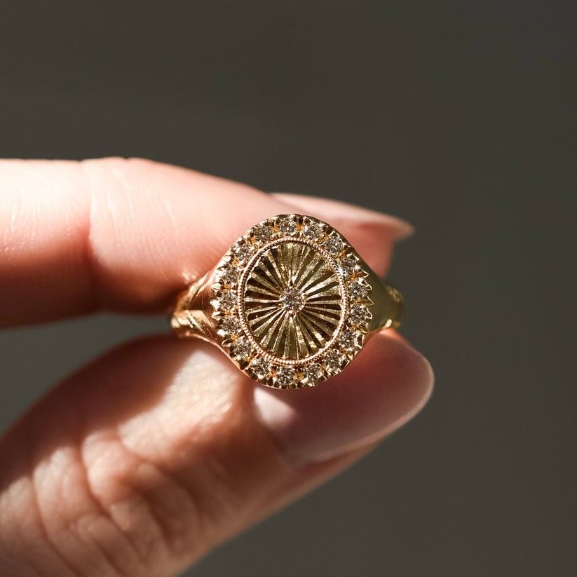 14K Solid Gold Sunburst Signet Moissanite Ring Handmade Statement Celestial Band