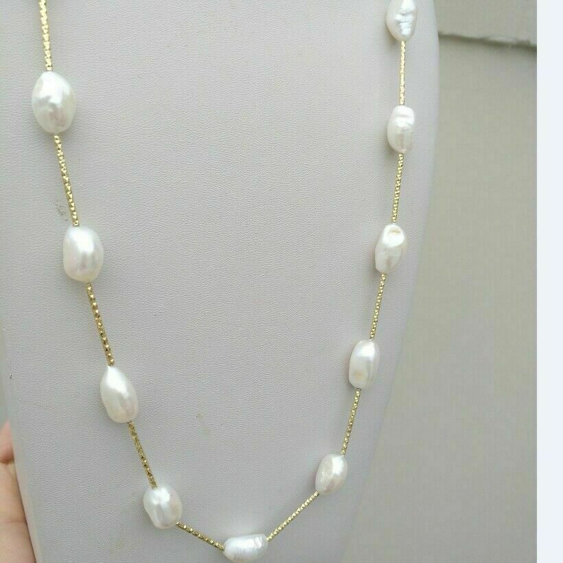 Nice 10-12mm AAA+ South Sea Baroque White Pearl Necklace 24″ 14k Yellow Gold
