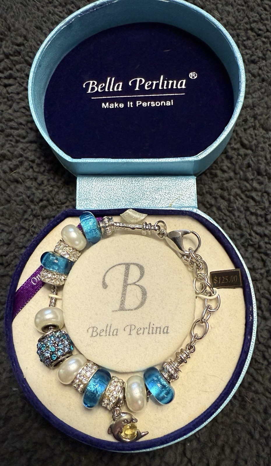 Bella Perlina Charm Bracelet with Aqua & White Beads with Silver Rhinestones