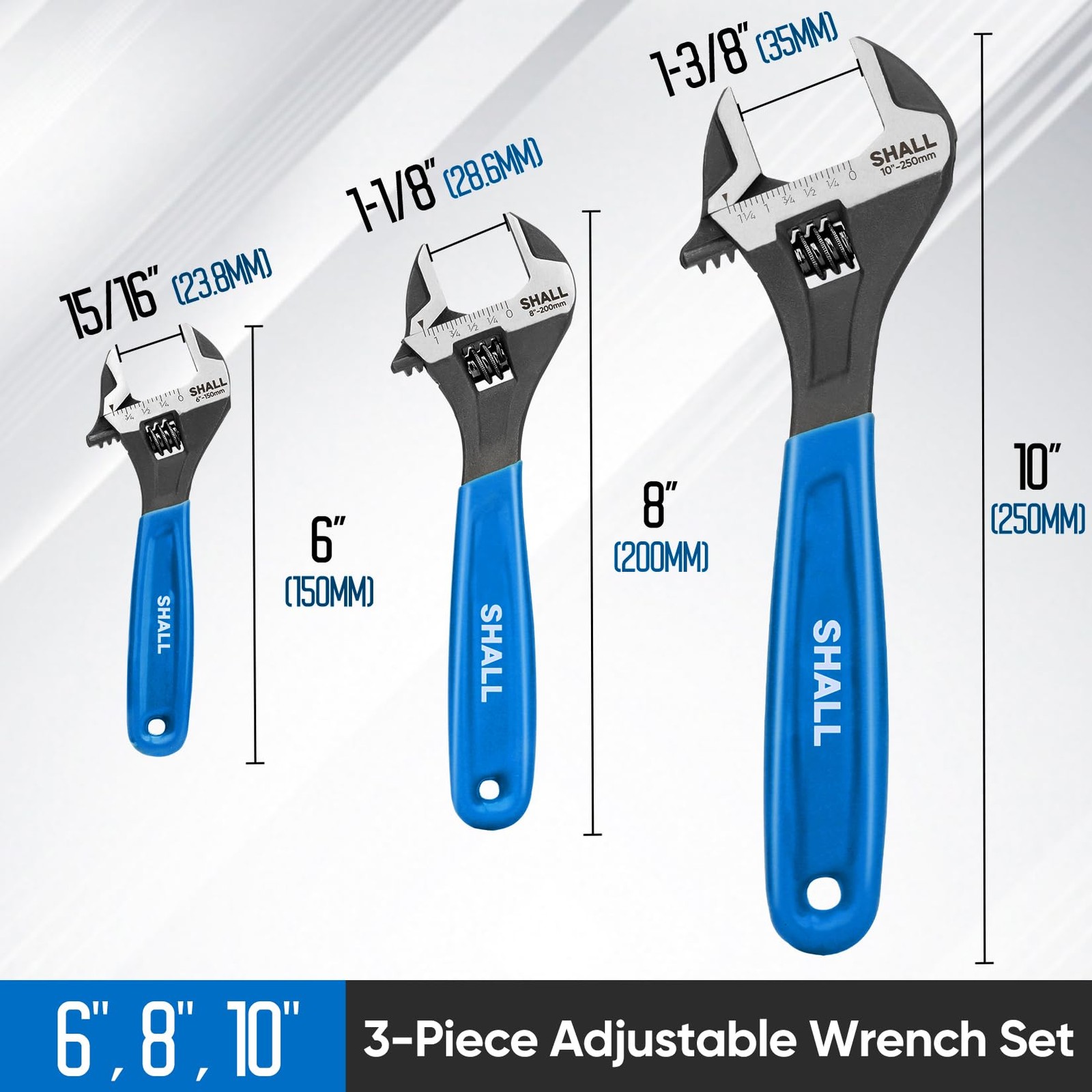 SHALL 3-Piece Adjustable Wrench Set, 10/8/6 Inch Cr-V Steel Wrench with Cushion