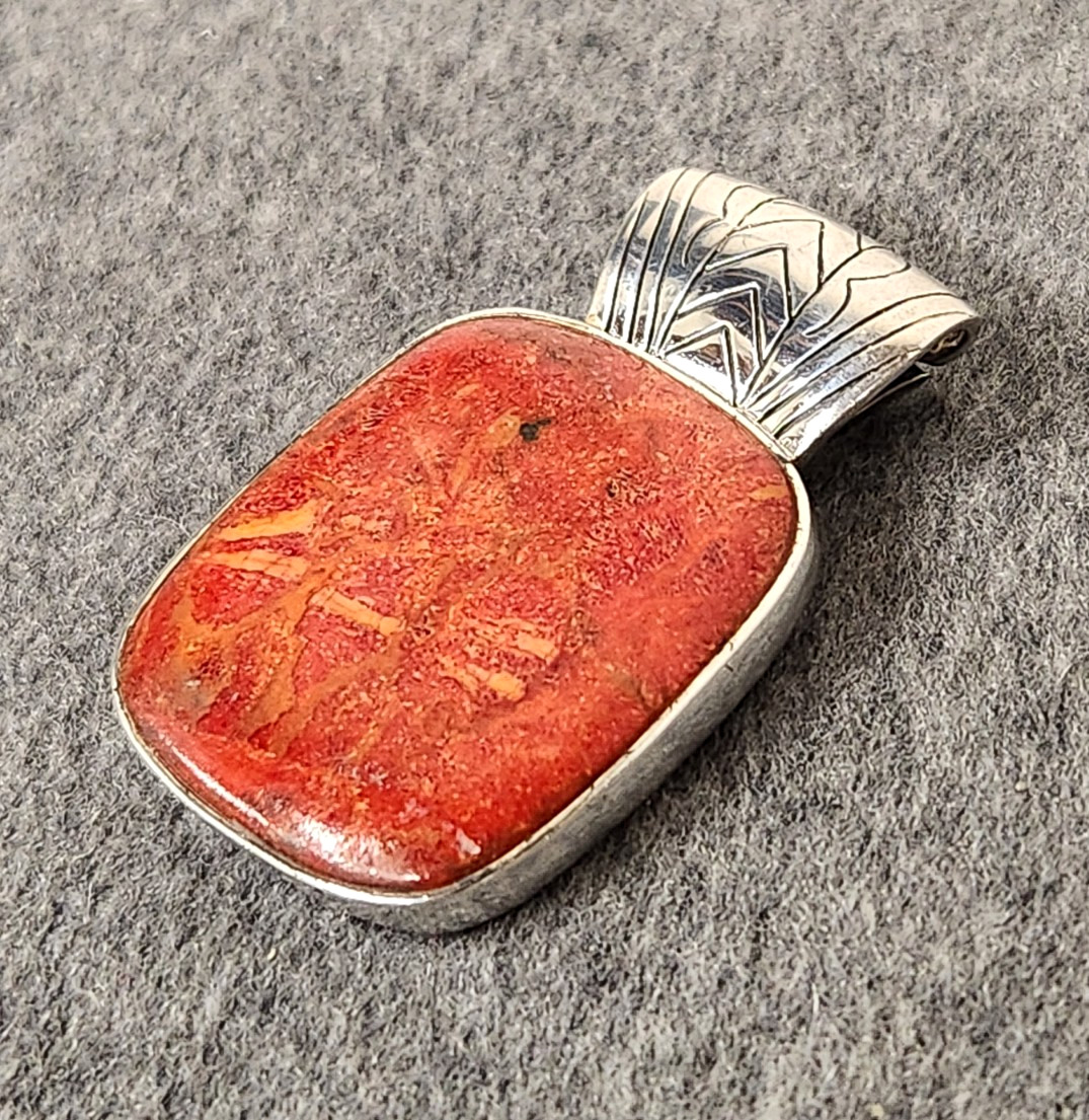 Sterling Silver BBJ Reconstituted Red Coral Large Rectangular Cabochon Pendant