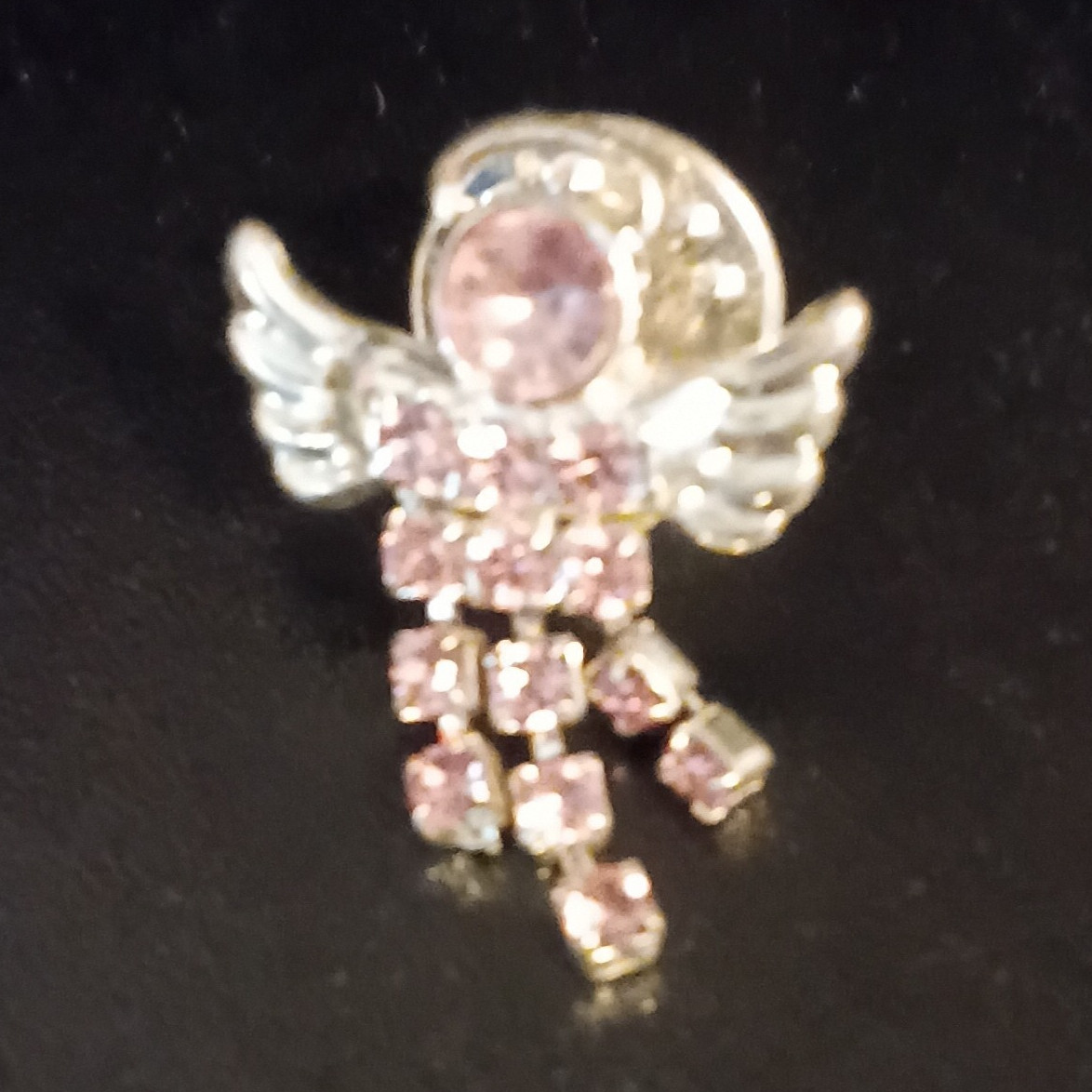 Silver Tone Pink Round Rhinestone Angel Pin Brooch Metal Costume Jewelry