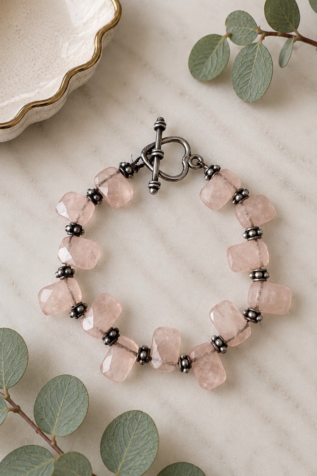 Natural Rose Quartz Nugget Bracelet Heart Toggle Clasp Silver Tone 7.5”
