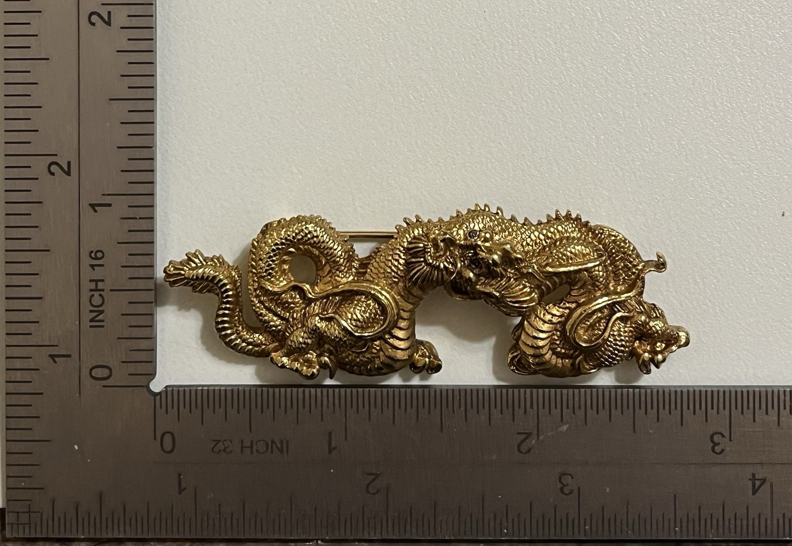 Vintage Alva Museum Replica Gold Tone Asian Menuki Dragon Brooch Pin With Box