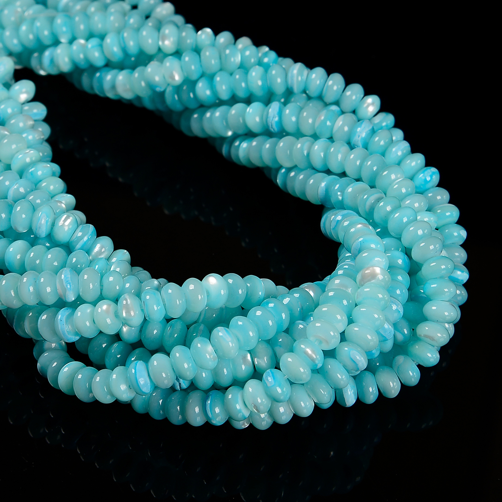 Aqua Blue MOP Shell Smooth Rondelle Beads Size 3x4mm 4x6mm 5x8mm 15.5”Strd