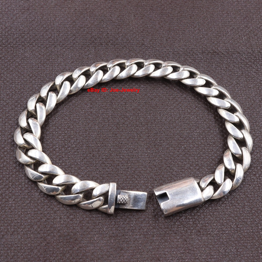 Real 925 Sterling Silver Men’s Bracelet 10mm Curb Link Chain Bracelet 8.26inch