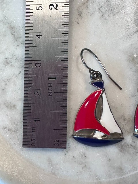Sailboat Enamel Red White And Blue Dangle Earrings Estate Jewelry