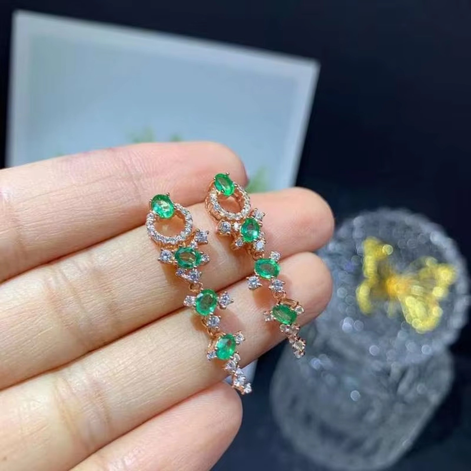 Emerald Statement Earrings, Natural Colombian Emerald Drop Dangle Earrings 3x4mm