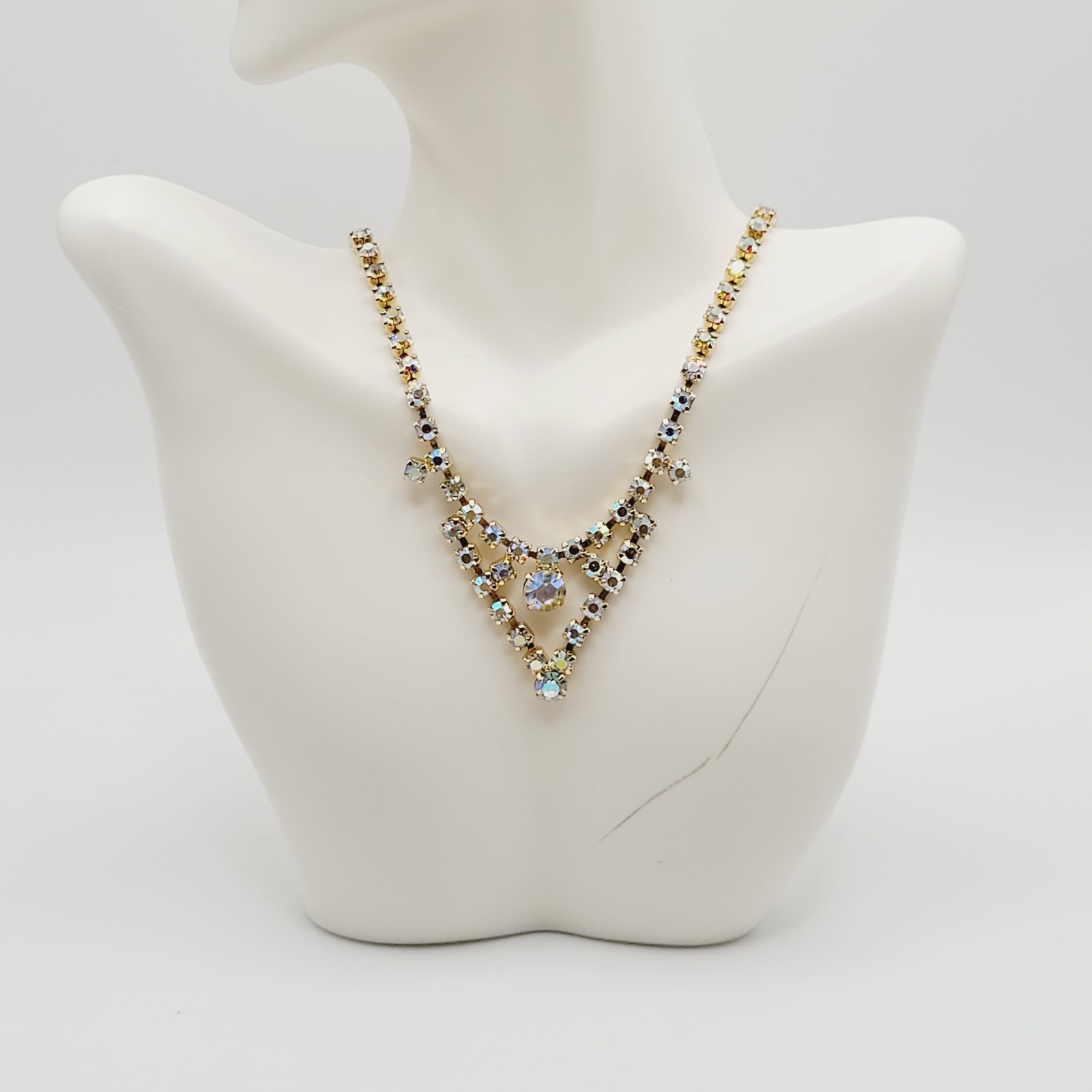 Swag or V Style Drop Choker AB Rhinestone Necklace Gold Tone Vintage 15 inch