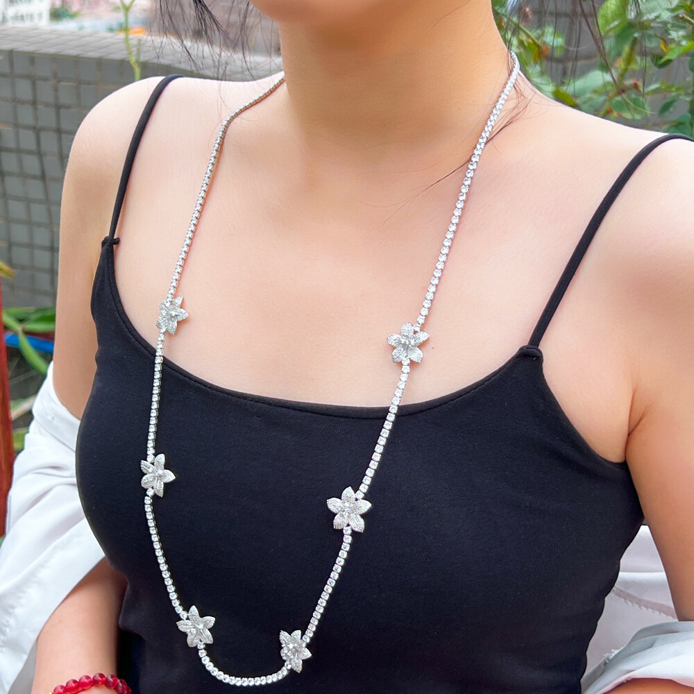 82cm Silver Plated Cubic Zircon White Flower Long Necklace Women Wedding Jewelry