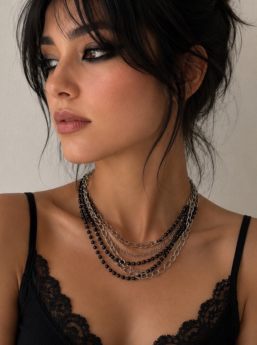 Y2K Multi Layer Chain Necklace Black Silver Tone Scene Emo Goth 2008-2013 Era