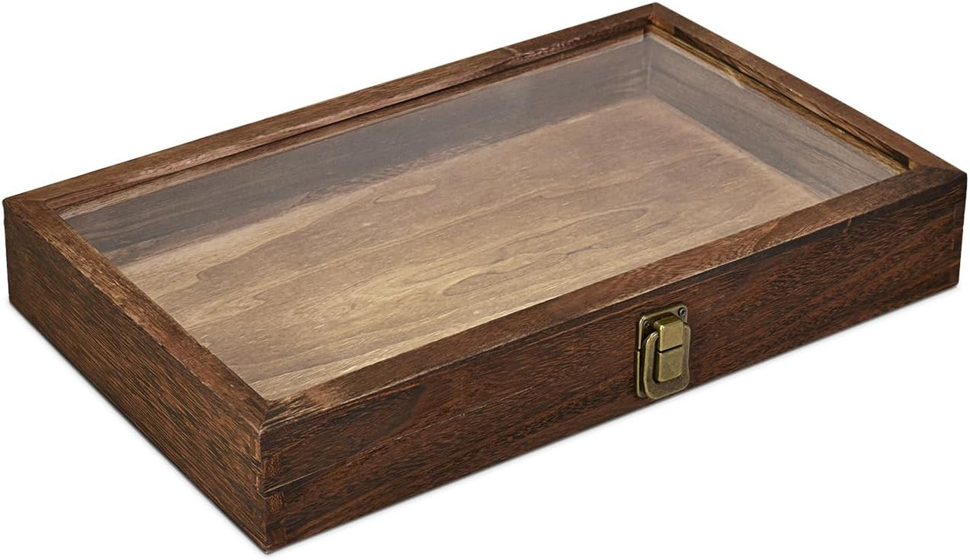 Natural Wood Tempered Glass Jewelry Display Case with Metal Clasp, Brown