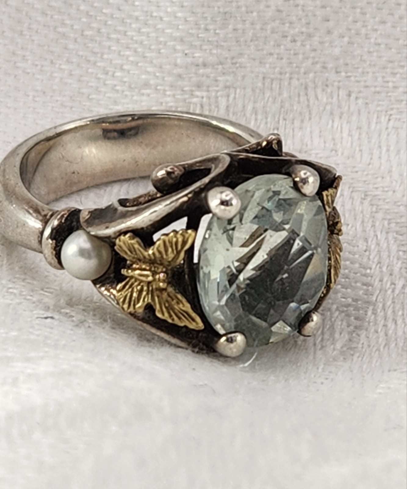Ann King Sterling Silver 18k Gold Prasiolite Butterfly Pearl Ring Size 6.5