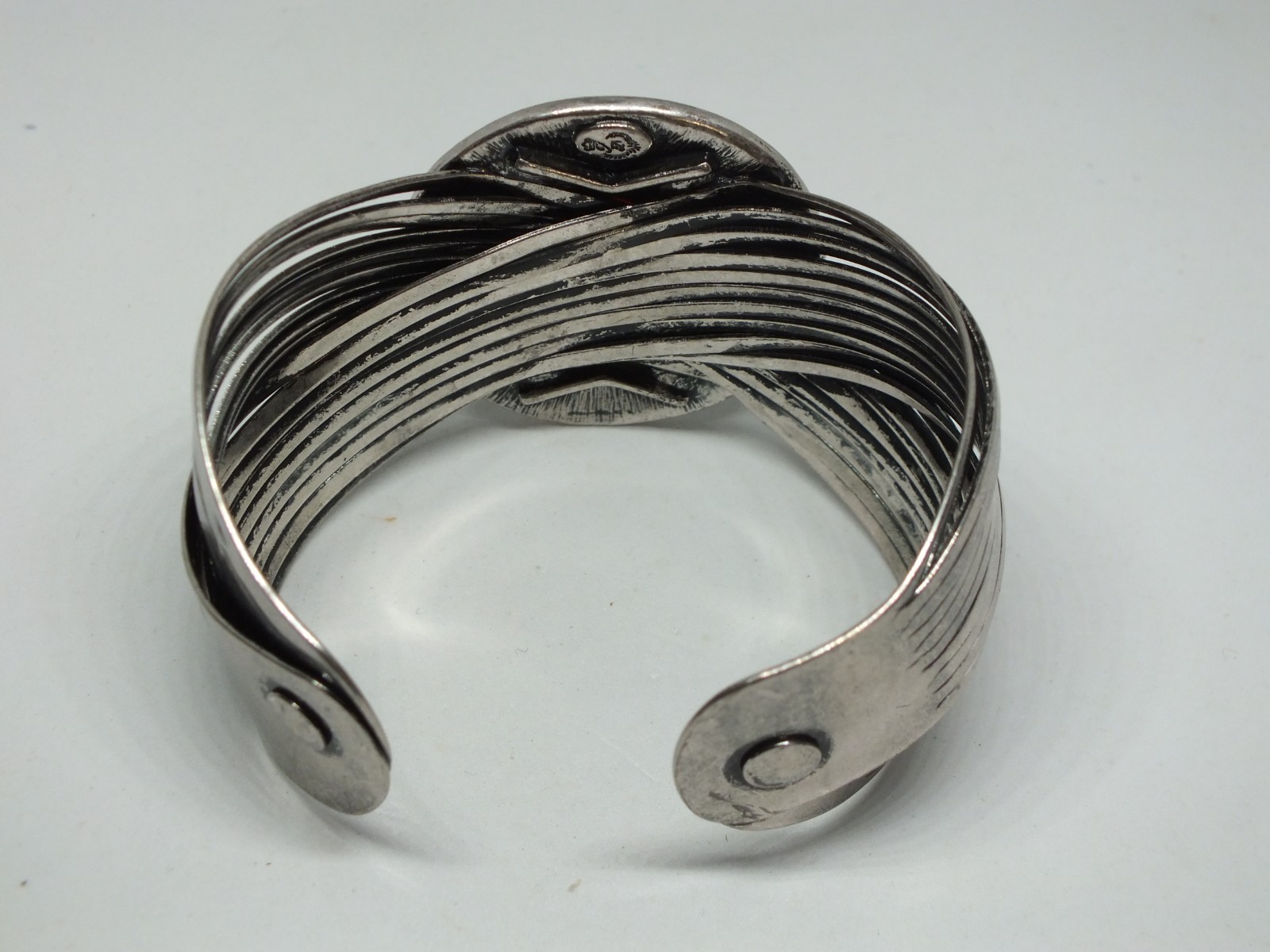 Cuff Bracelet Silver Tone Texture Rust Marbled Cabochon 1 7/8″ Wide x 2 1/4″ Acr