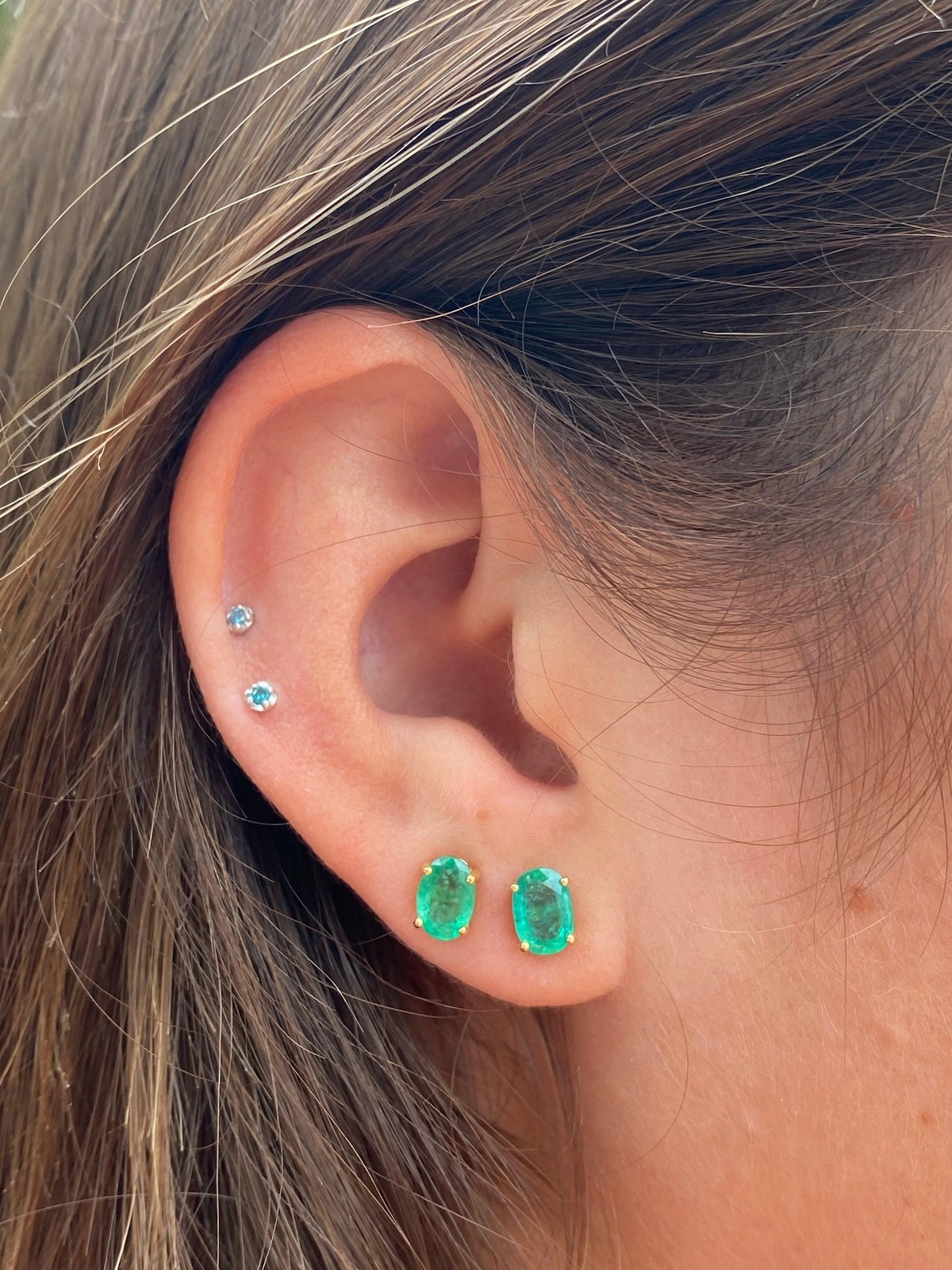 Oval Cut Natural Emerald Stud Earrings in 18k Solid Gold