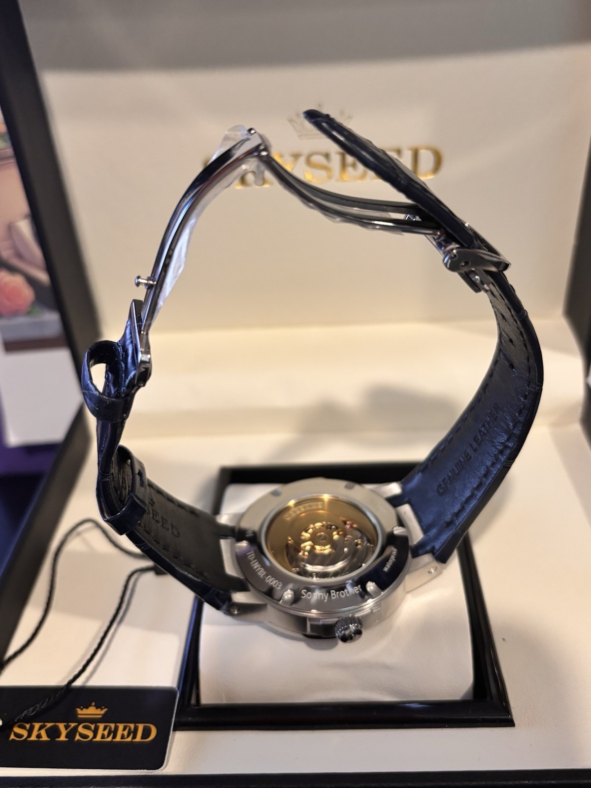 SKYSEED Luxury Blue Dial Diamond Accent Automatic Watch Blue Leather Strap