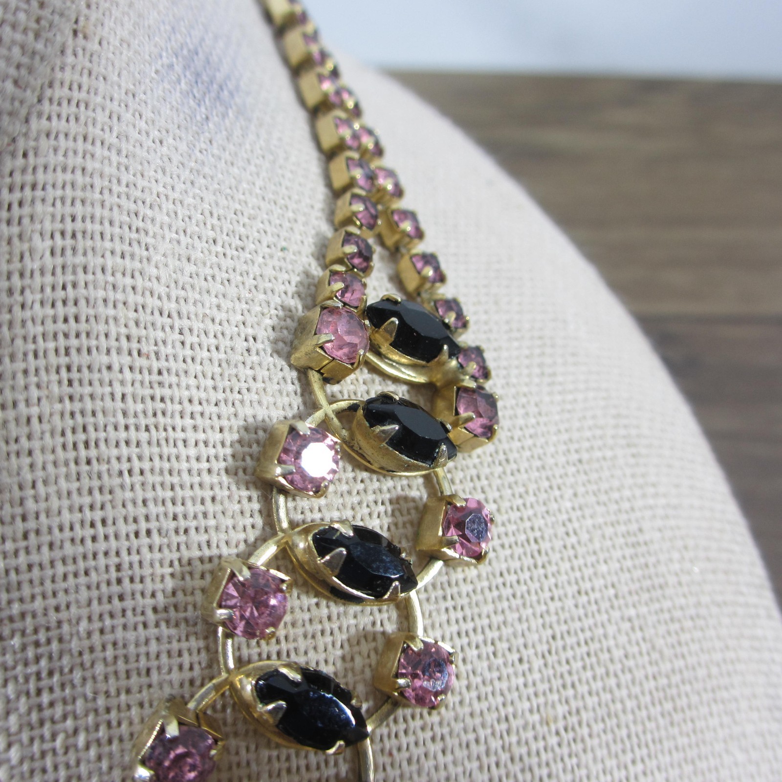 Vintage Rhinestone Necklace Purple Black Gold Tone Choker Collar 15 Inch