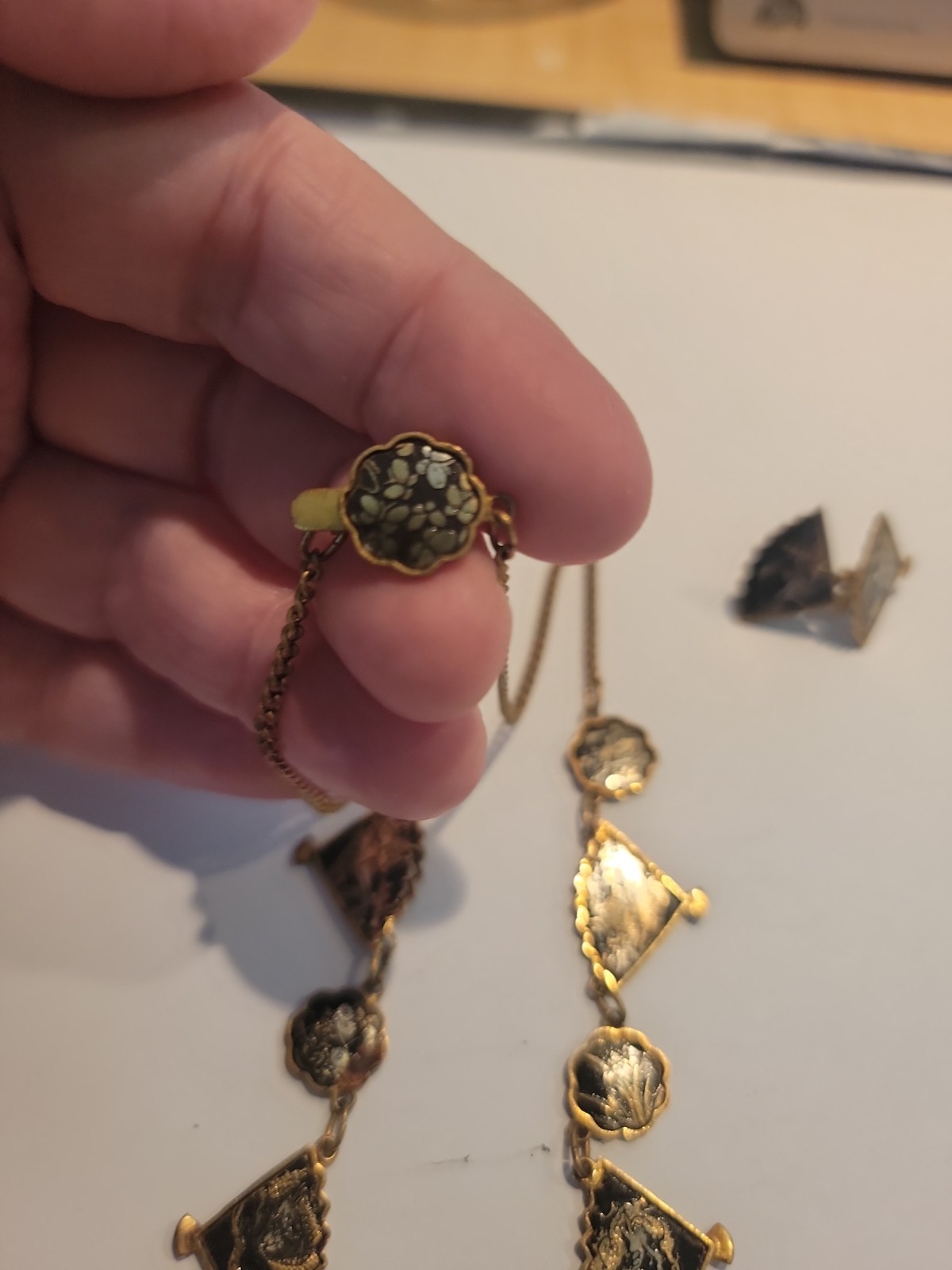 Vintage Japanese Shakudo Damascene Asian Festoon Fan Butterfly Pendant Necklace