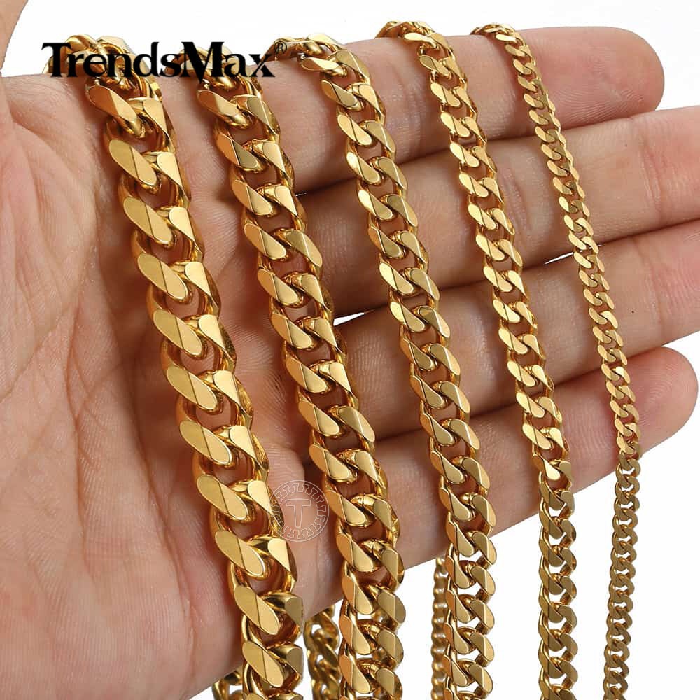 3/5/7/9/11mm Gold Plated Stainless Steel Cuban Chain Necklace Bracelet Men Women