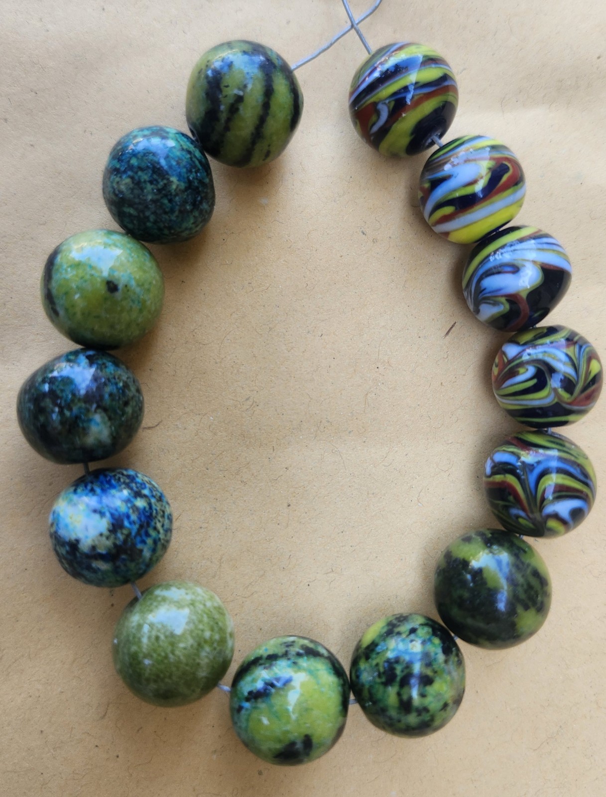 Vintage Mixed Crafting Bead Lot 14 Pcs – Swirl Lampwork Glass & Imperial Jasper