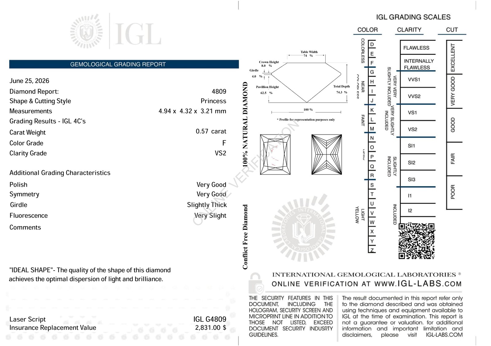 Certified 0.57 Carat F VS2 Princess Natural EARTH MINED Loose Diamond 4.94×4.32m