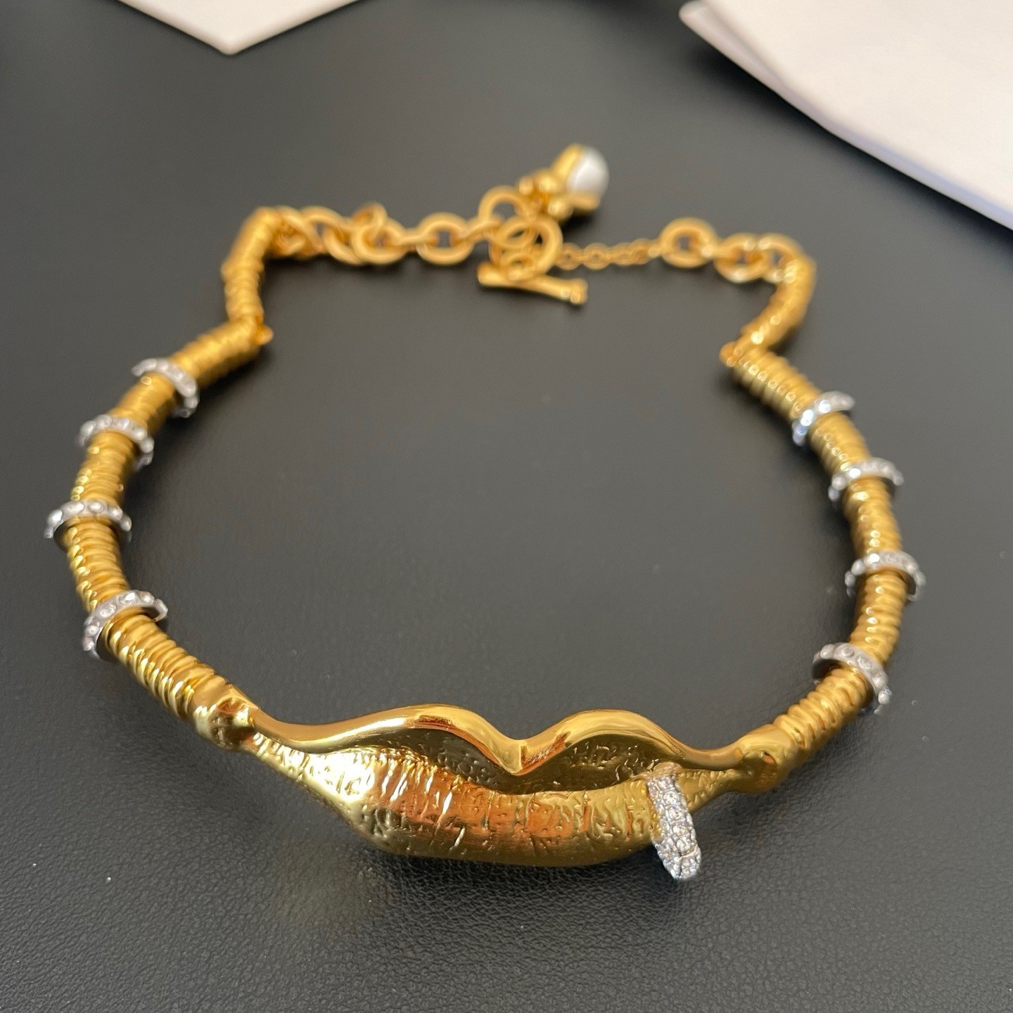 Schiaparelli Ribbed Coil Lip Crystal Ring Gold Torque Choker