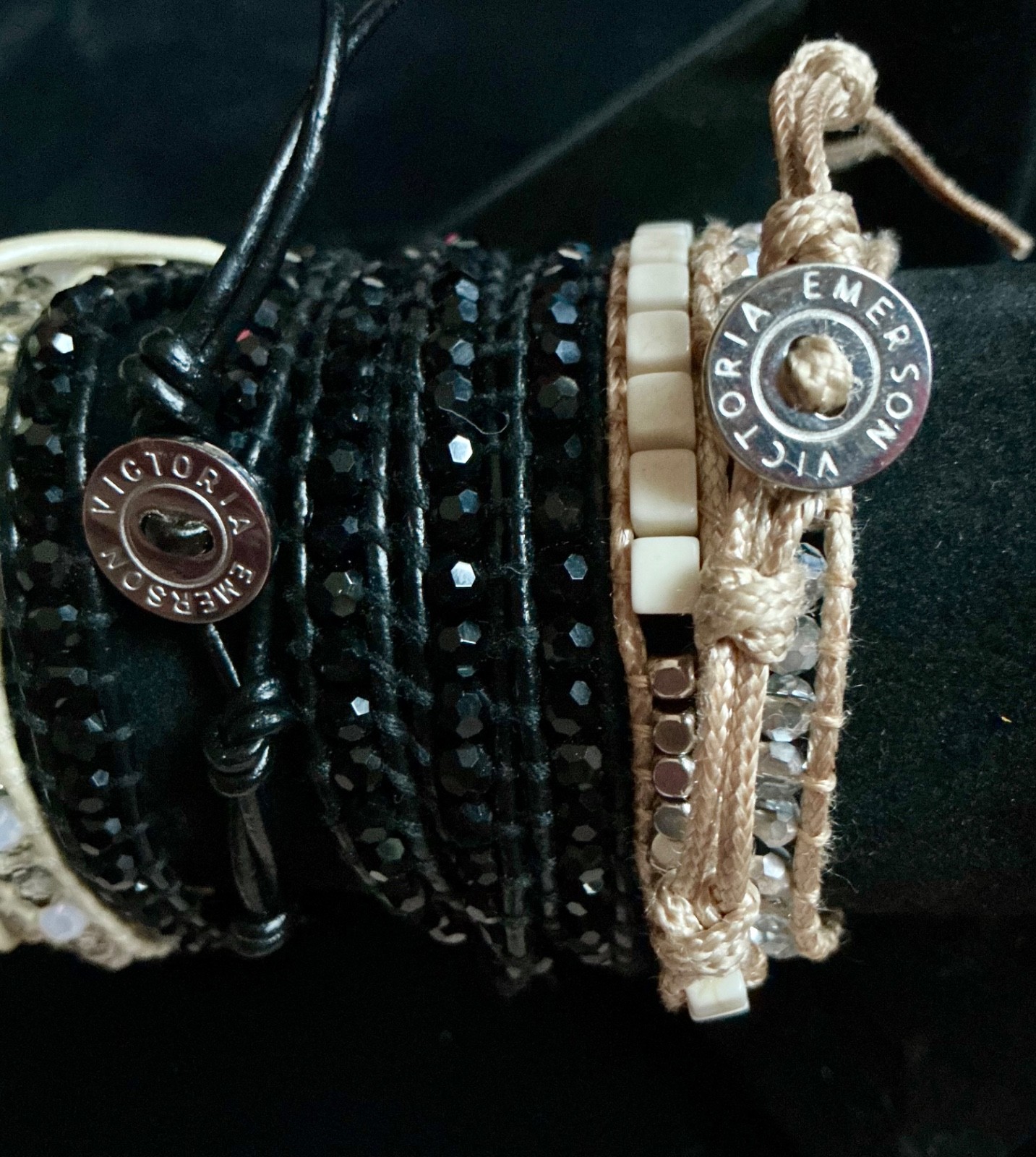 Victoria Emerson Wrap Bracelet Crystal Beaded Leather Black Cream Beige lot 3