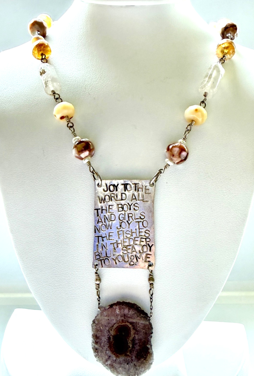 Silver “Joy to the World” Quote Pendant Necklace Druzy Mixed Stone Bead