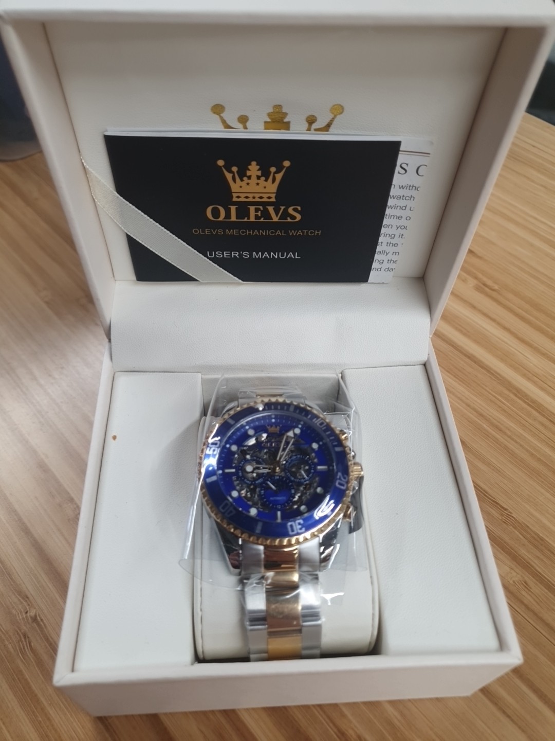 OLEVS Skeleton Men’s Automatic Mechanical Watch, Big Dial, Moon Phase, Day Date